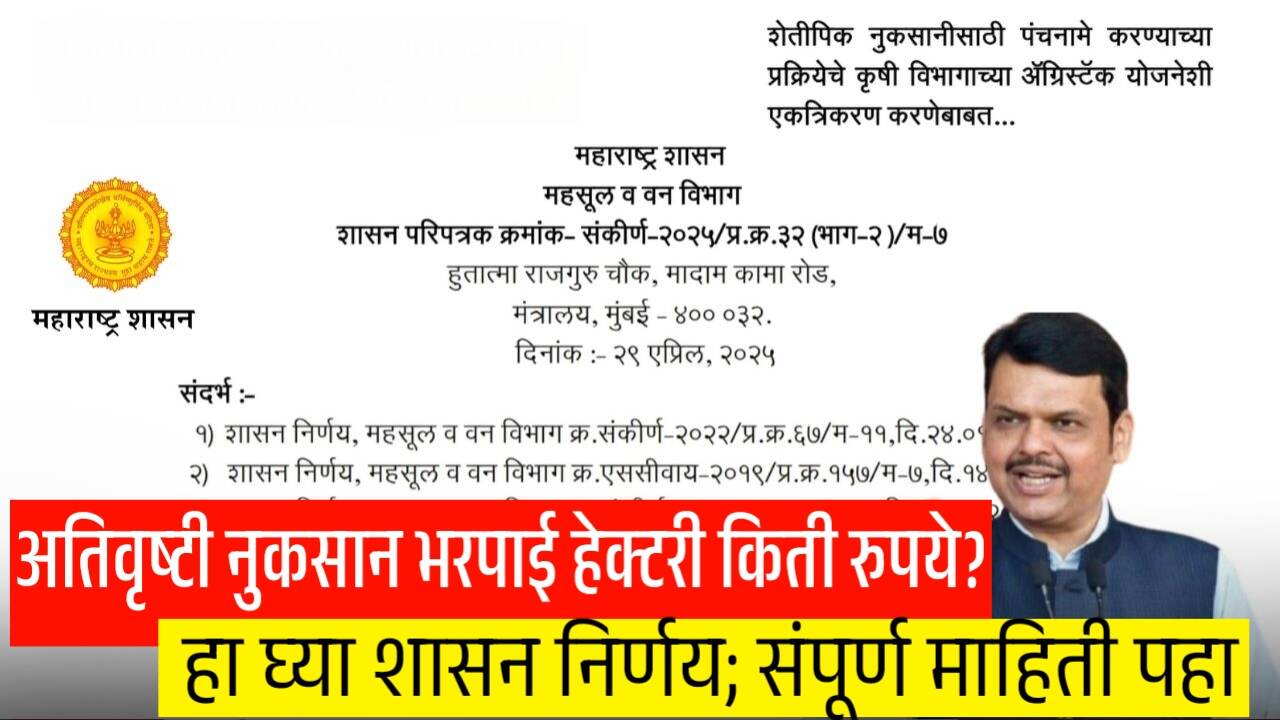 अतिवृष्टी नुकसान भरपाई: शेतकऱ्यांना हेक्टरी २२,५०० पर्यंत मदत; शासन निर्णय जाहीर! थेट यादीच! Ativrushti Nuksan Bharpai Yadi 2025